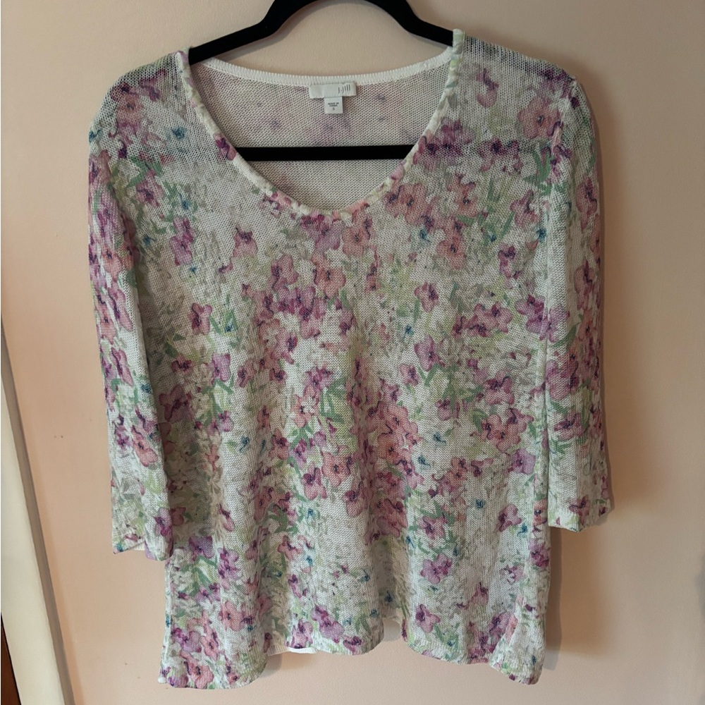 J. Jill Floral Linen Blend Sweater Size SMALL Pansy Floral 3/4 Sleeves - Picture 1 of 4
